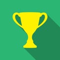 Trophy cup icon with long shadow on green background. Vector winning champions cup sign. Flat design.